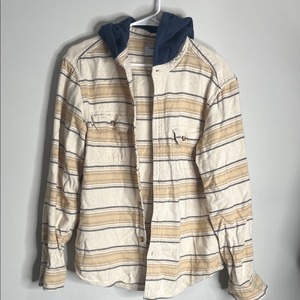 Old Navy Striped Hooded Button-Up Shirt Jacket in Cream, Tan & Navy